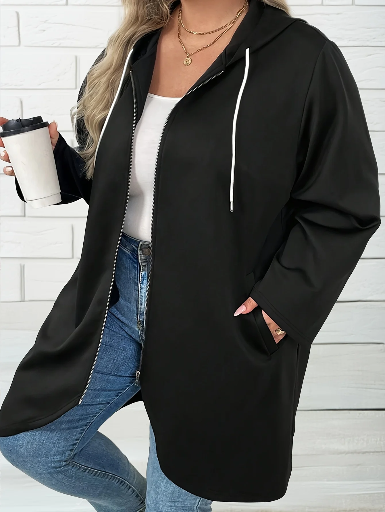 

Plus Size Black Zip-Up Hooded Mid-Length Coat with White Drawstrings