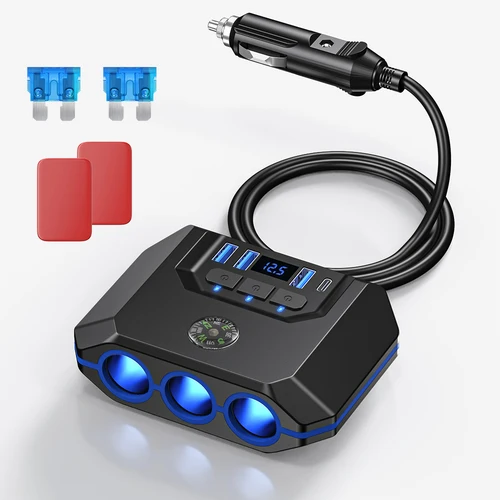 Imagen 1 del producto Adaptador de encendedor de cigarrillos 7 en 1, toma de corriente USB PD con interruptor de encendido/apagado, cargador rápido PD, adaptador de corriente de enchufe de 12V 24V