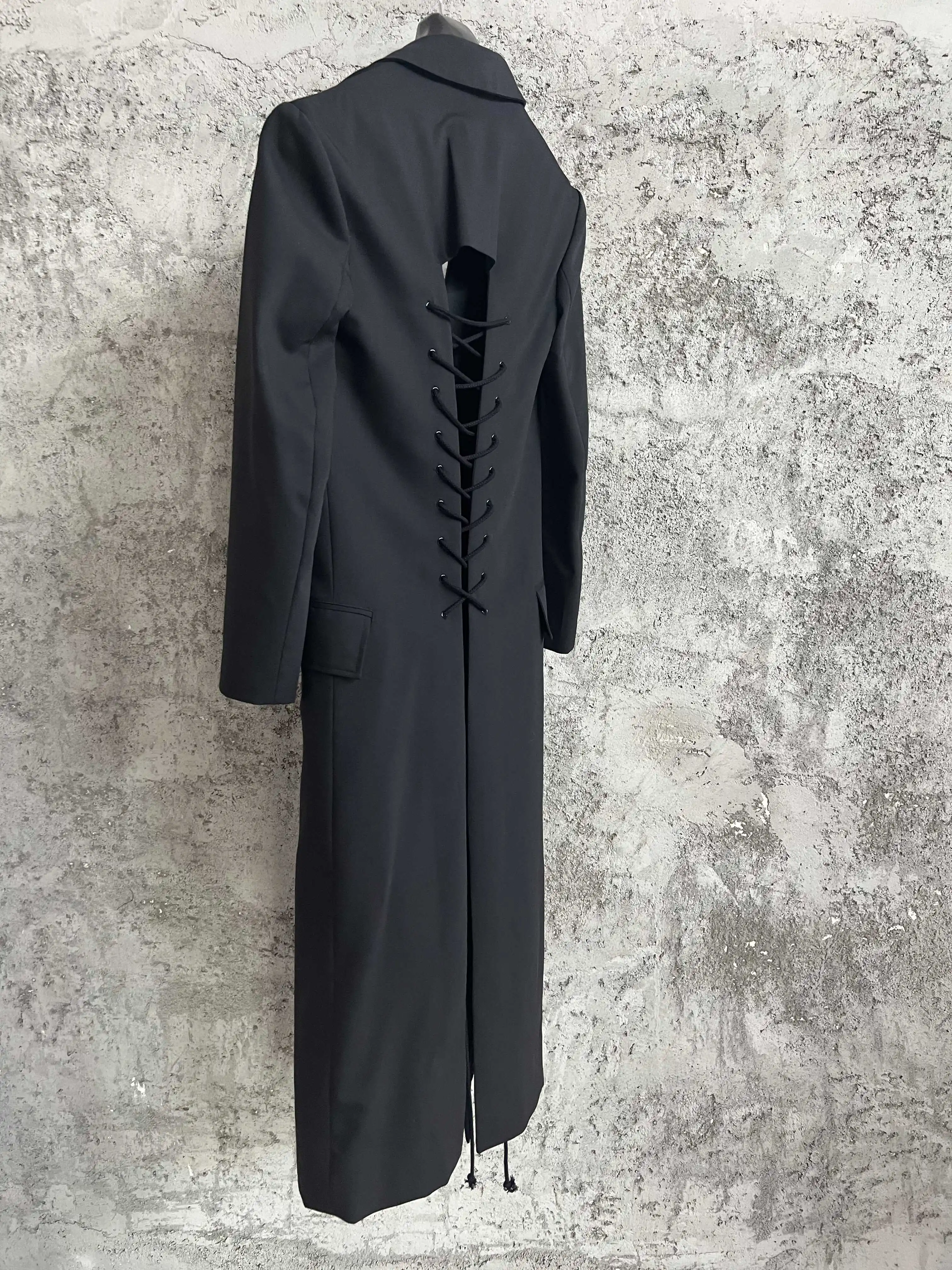 TOP-YAMAMOTO original design single-breasted wool coat with drawstring at the back, versatile Western-neck jacket