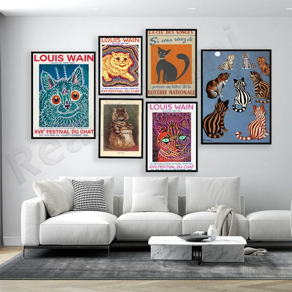 Vintage French Louis Wain Poster, Kaleidoscope Psychedelic Cats, Colorful Cats, Cat Print Exhibition Louis Wain Prints, Wall Art