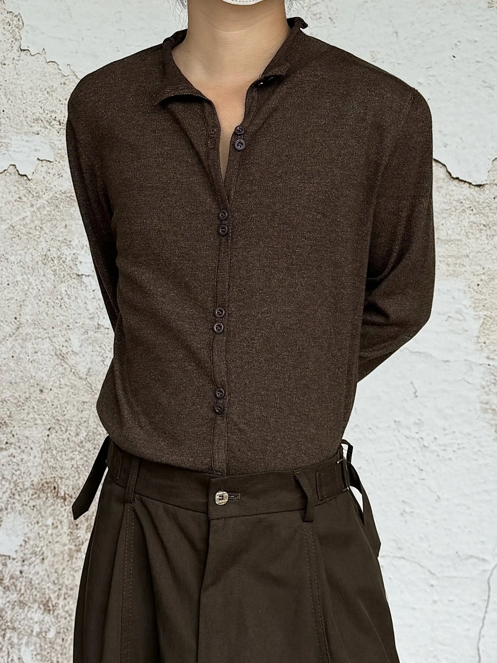 Retro Japanese Style Pure Color Roll Collar Short Knitted Long Sleeve Shirt Neutral Slim Fit Sweater Cardigan Breathable Comf...