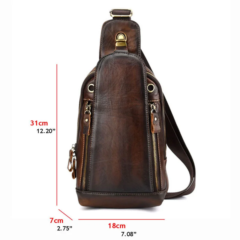 Vintage Full Cowhide Grain Leather Chest Bag For Men Casual Hand Painted And Worn Messenger Bag Male Shoulder Crossbody Bag T201