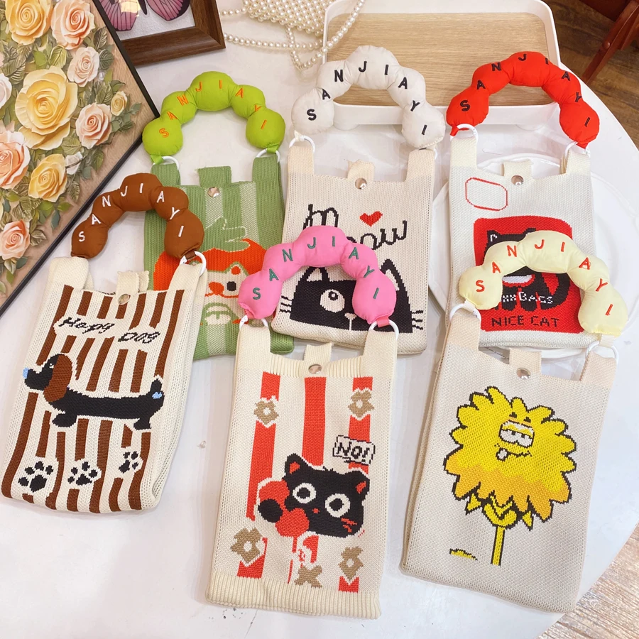 Portable Knitted  Handbag Cute Cartoon Multi-Function Mobile Phone Bag Commuting Storage Crossbody Small Bag for Men And ...