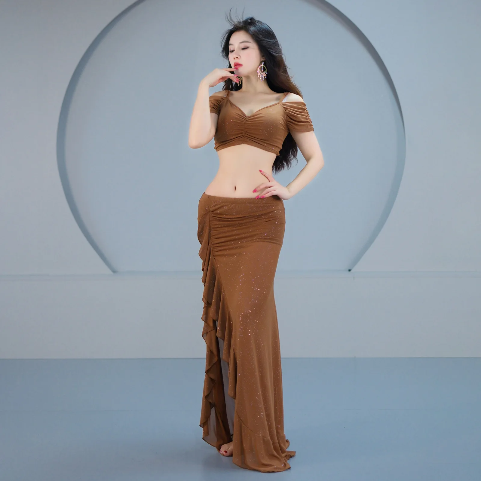 벨리댄스 의상 여성용 거즈 반팔 상의+섹시한 슬릿 롱 스커트 2피스 오리엔탈 트레이닝복 소녀용 벨리댄스 의상