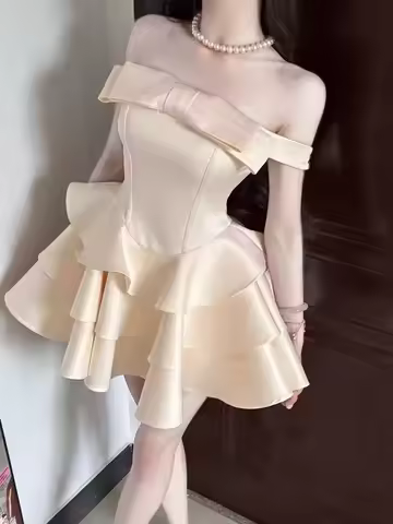 French Elegant Sweet Evening Party Dress Women Design Off Shoulder American Retro Y2k Mini Dress Japanese Chic Birthday Outfits