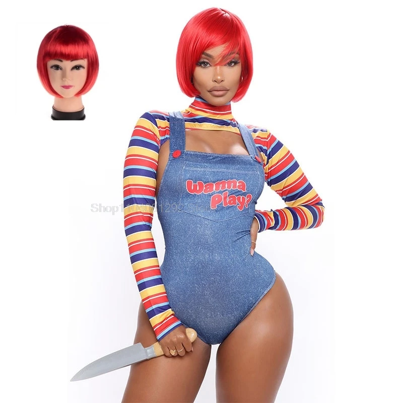 Women Two Piece Set Scary Nightmare Killer Doll Wanna Play Movie Character Bodysuit Chucky Doll Costume Cosplay Jumpsuit