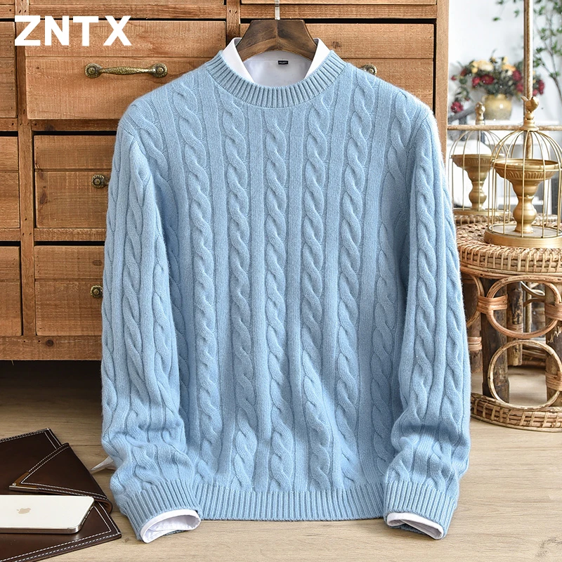 Twisted flower round neck pure cashmere sweater for men, 7-needle double stranded thick winter new style, slim fit, solid color,