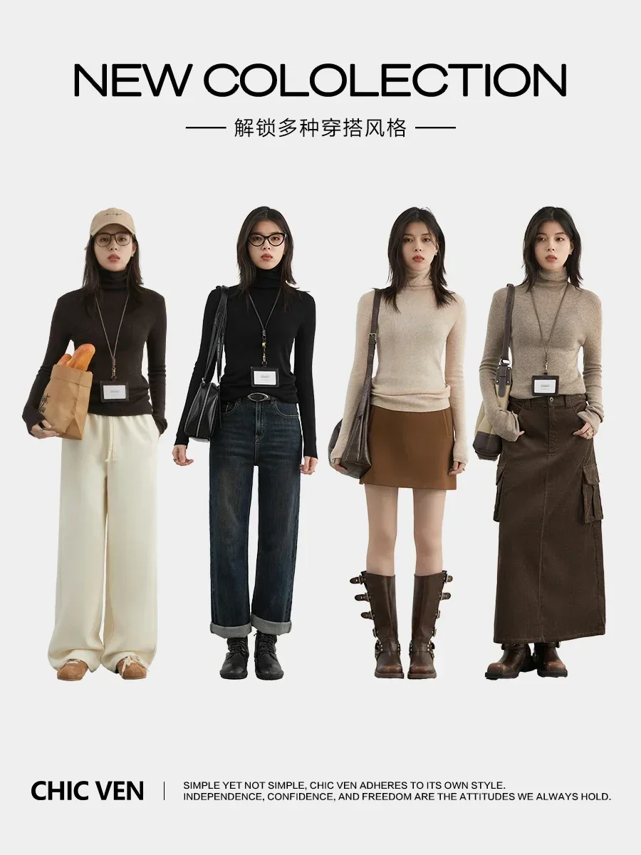 Женские пуловеры CHIC VEN, корейская водолазка, однотонная трикотажная рубашка с длинными рукавами, тонкие джемперы, женские топы, осень-зима 2024,