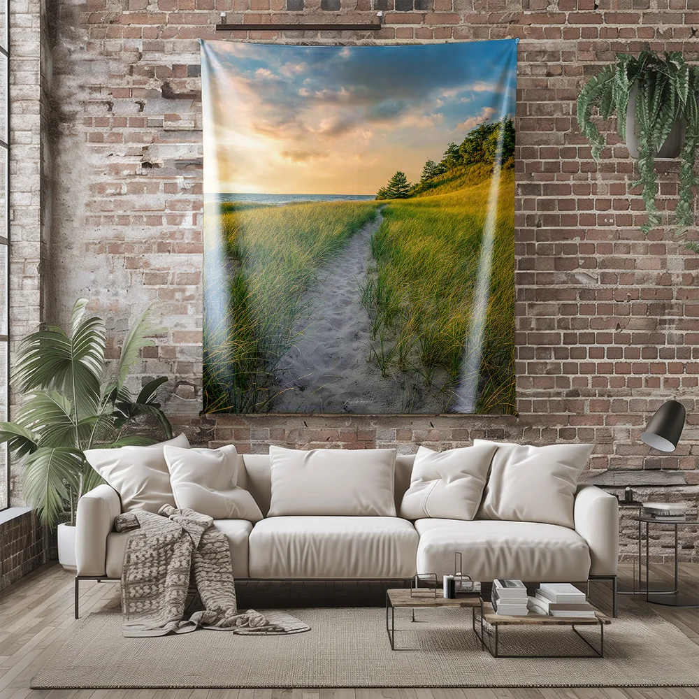 Sunset Beach Dune Path Through Golden Grass Landscape Tapestry Machine Washable All Season Decor Print Home Durable materials