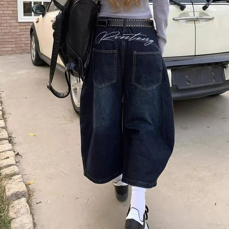 

90-е годы Большие размеры Американские вышитые джинсы Женские летние свободные брюки с высокой талией в стиле ретро Y2k Дизайн Широкие укороченные шорты