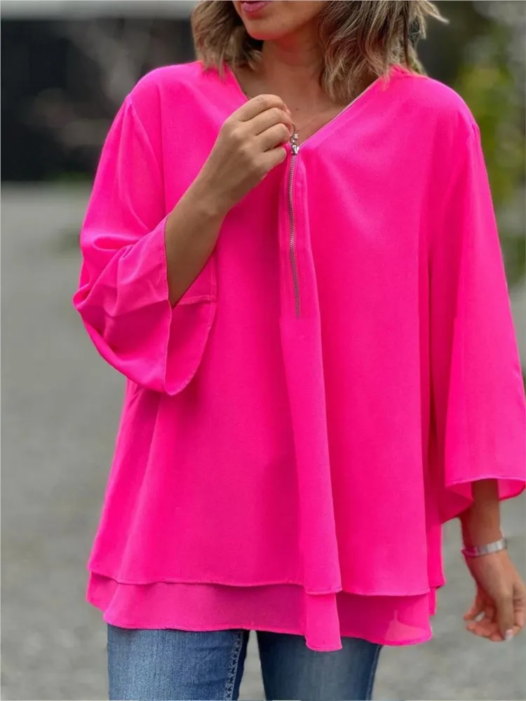 Autumn Casual Oversize Chiffon Women Tops Fashion Solid Color V-neck Zippers Three-quarter Sleeves Top Elegant Ladies Clothes