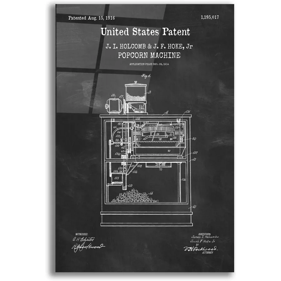 ملحمة الفن "آلة الفشار مخطط براءة اختراع السبورة" زجاج الأكريليك جدار الفن 16x24 أبيض وأسود تصميم الحديثة الرجعية نمط H