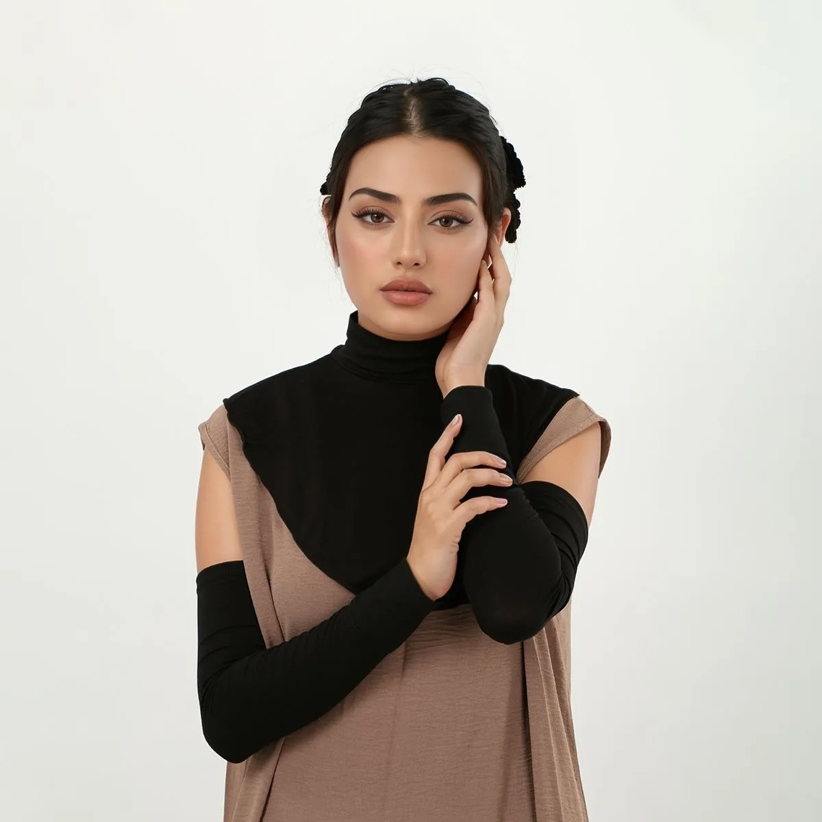 

Женская модальная водолазка с искусственным воротником и рукавами, исламский хиджаб, однотонный комбинированный блузка с воротником-стойкой