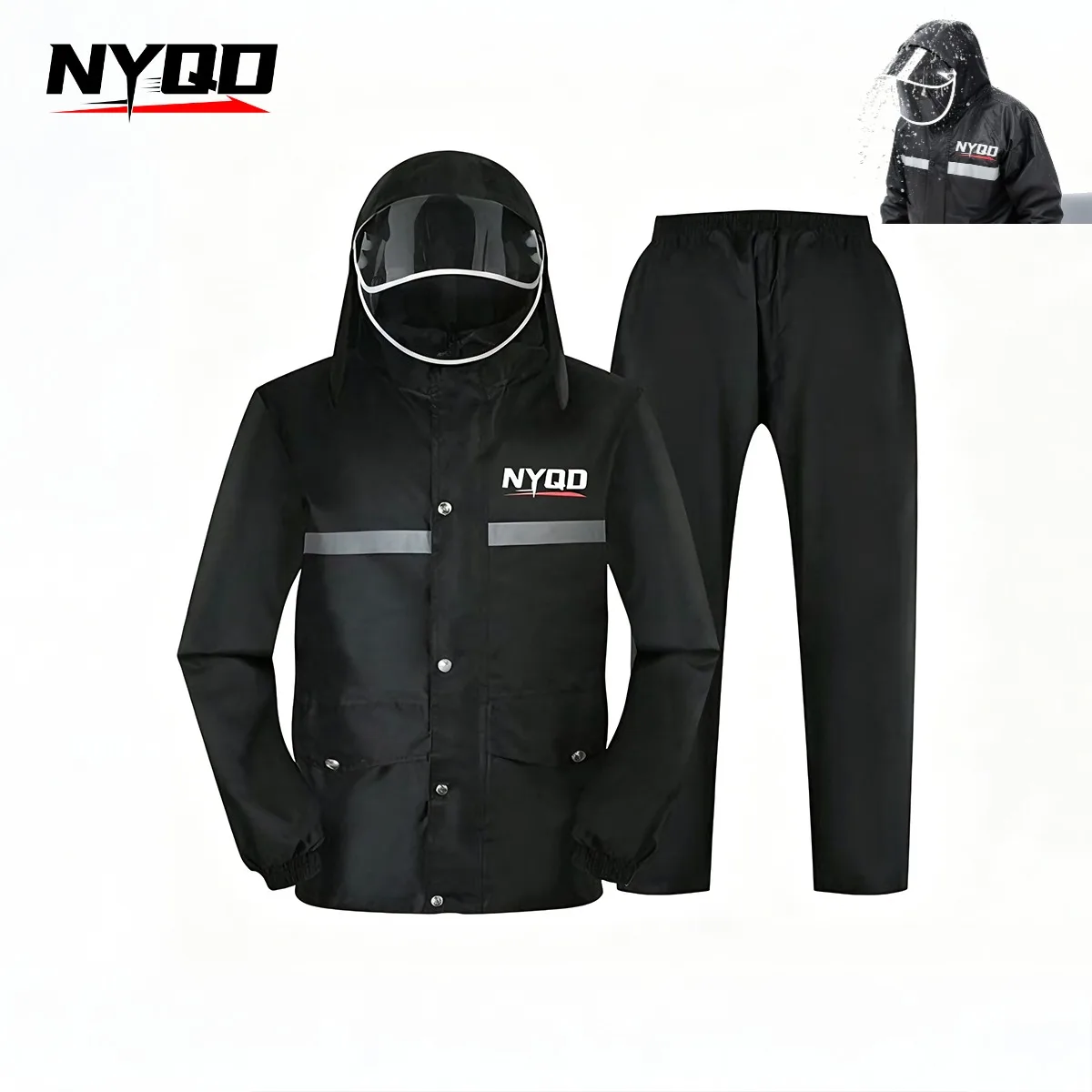 Motorcycle Rain Suit Men Women, Waterproof Raincoat Rain Pants Set with Reflective Strip, Hooded Rainwear for Motorbike Cycling