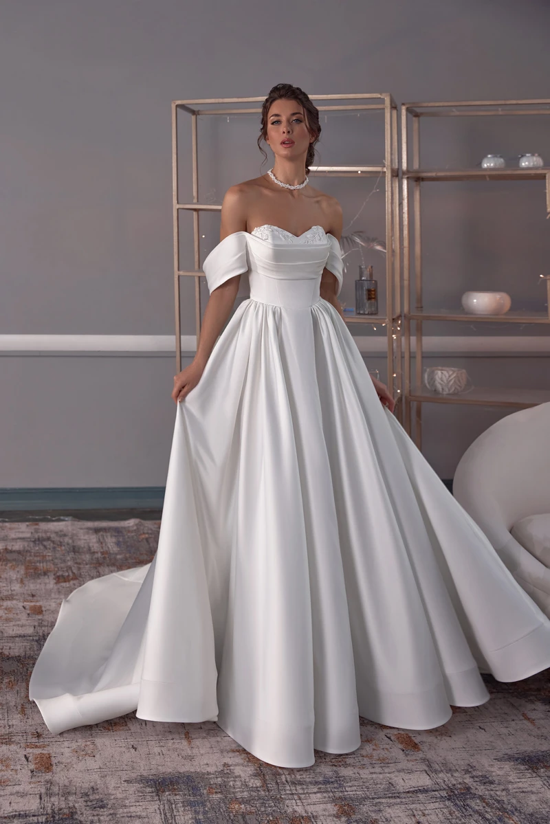 Vestido de casamento a linha com zíper nas costas, elegante fora do ombro, mangas curtas, charmoso, até o chão, cauda longa, personalizar para medir