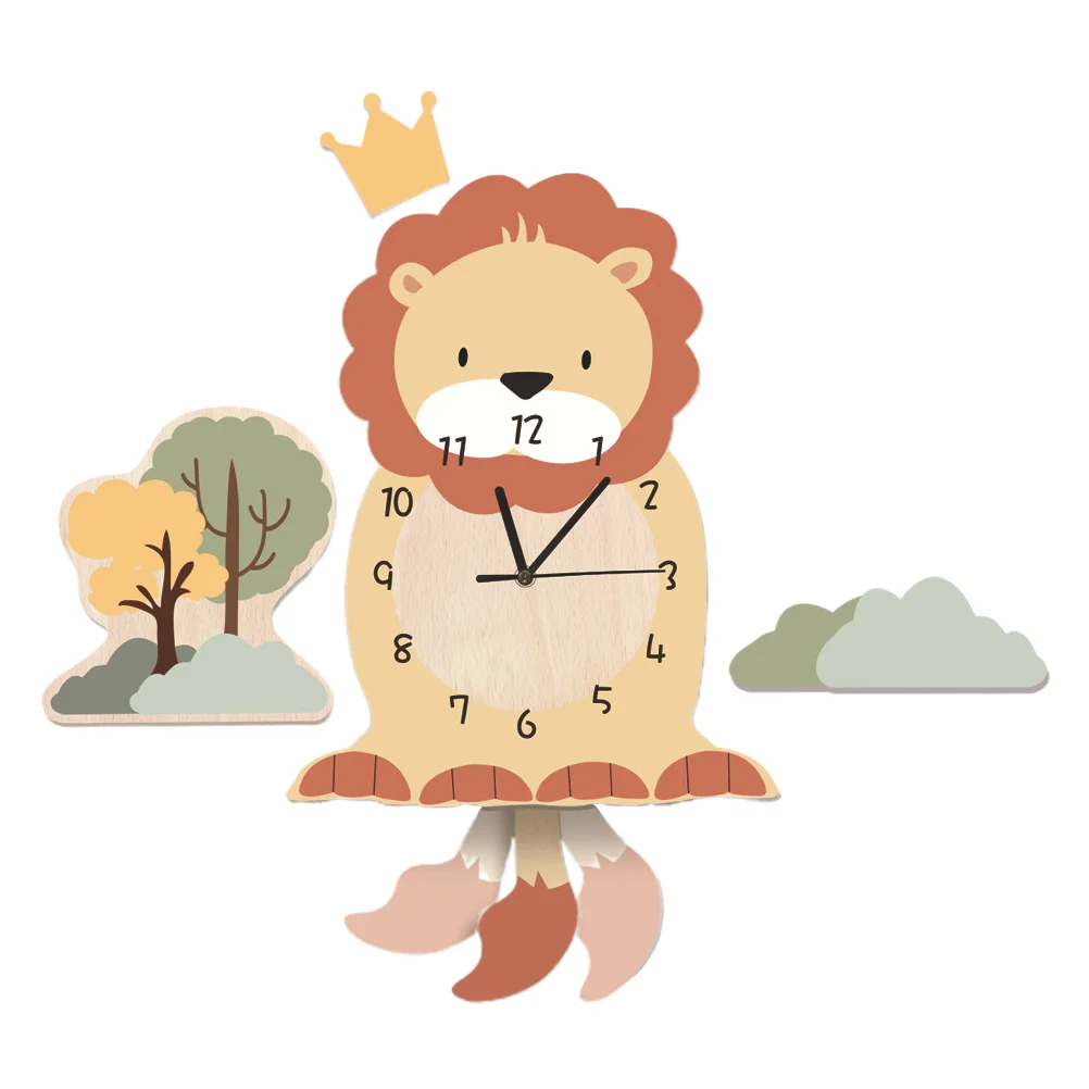 

Wall Hanging Clock Decor Time Display Pendant Cartoon Lion Design for Kindergarten