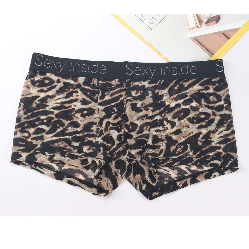 Mesh Leopard Print Boxer Shorts For Men Elastic Wide Waistband Comfortable Underpants Translucent Ice Silk U Convex Pouch Pantie