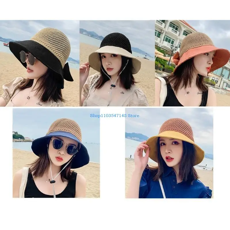 P88B Women Mesh Top for Sun Visor Beach Hat Split Wide Brim Bowknot Sunscreen Bucket