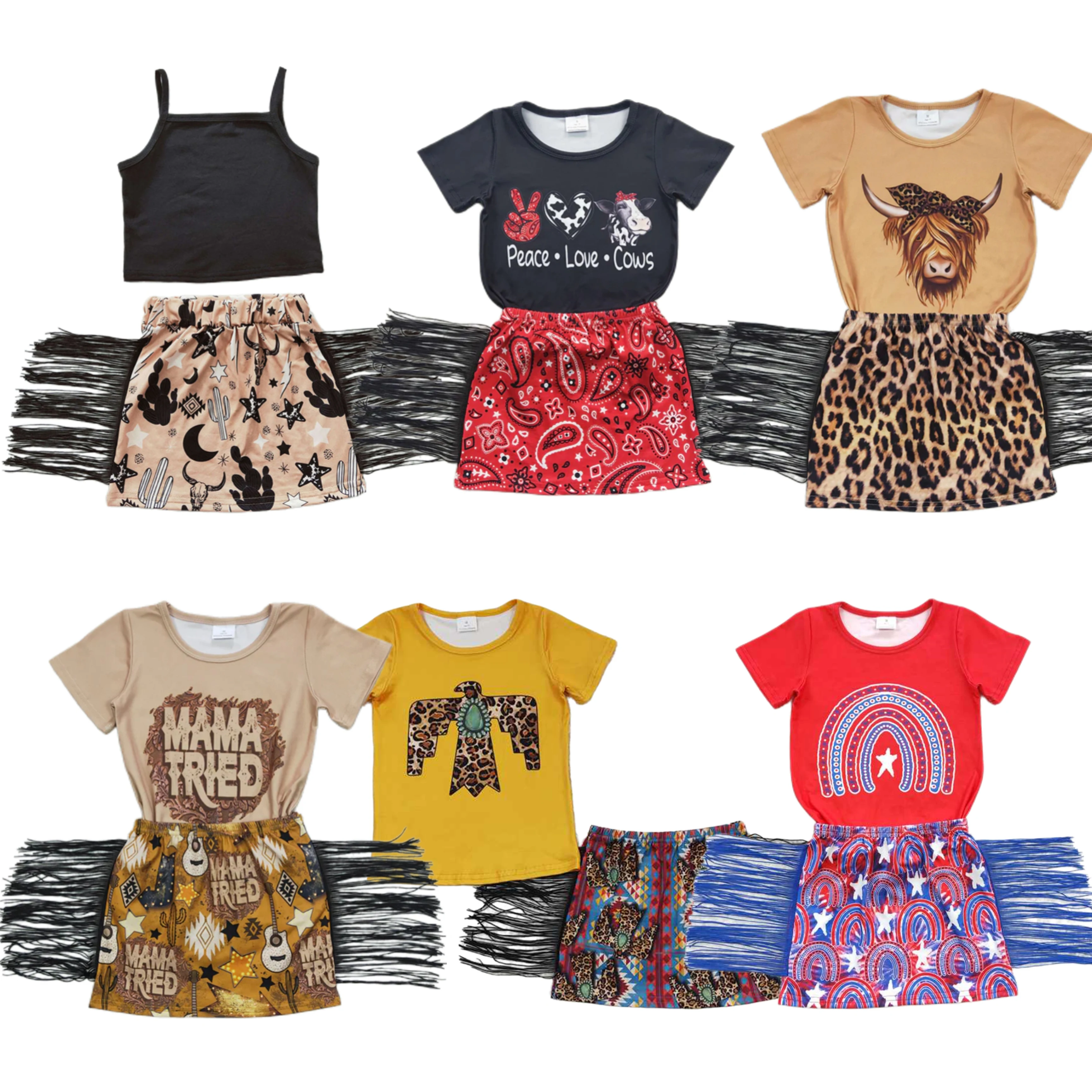 

Wholesale Western Two Pieces Summer Toddler Kid Set Short Sleeves Halter Top Children Cow Tassel Shorts Skirt Baby Girl Outfit
