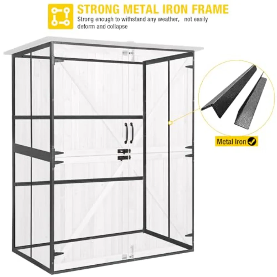 Outdoor storage shed with all-around metal frame, wooden floor, adjustable shelves, 55 L x 29 W x 67 H, off-white color, durabl