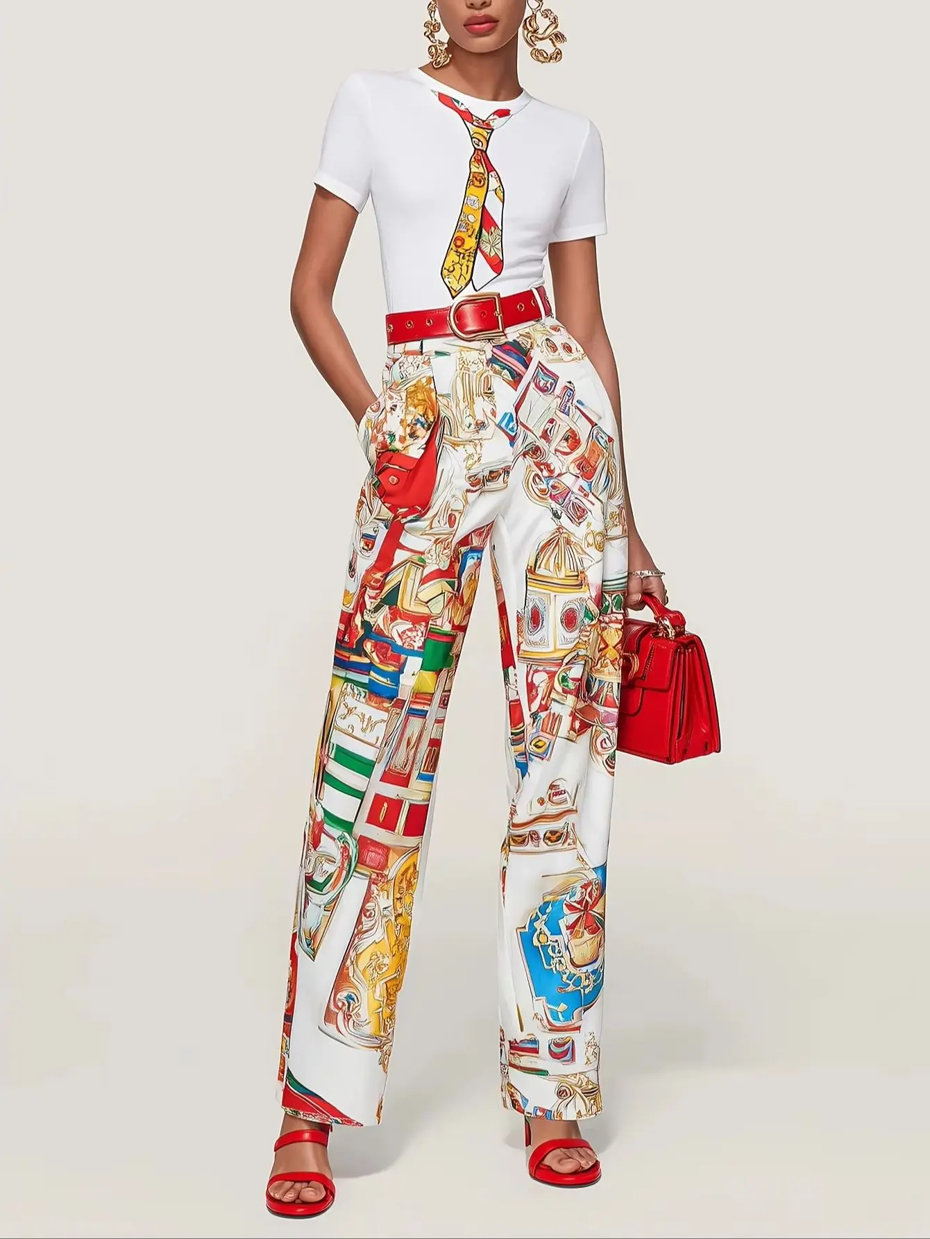 Spring Urban Patterns Printing Trousers Suit Women Round-neck Short Sleeve Tops+high Waist Straight Pants Autumn Two Piece Set
