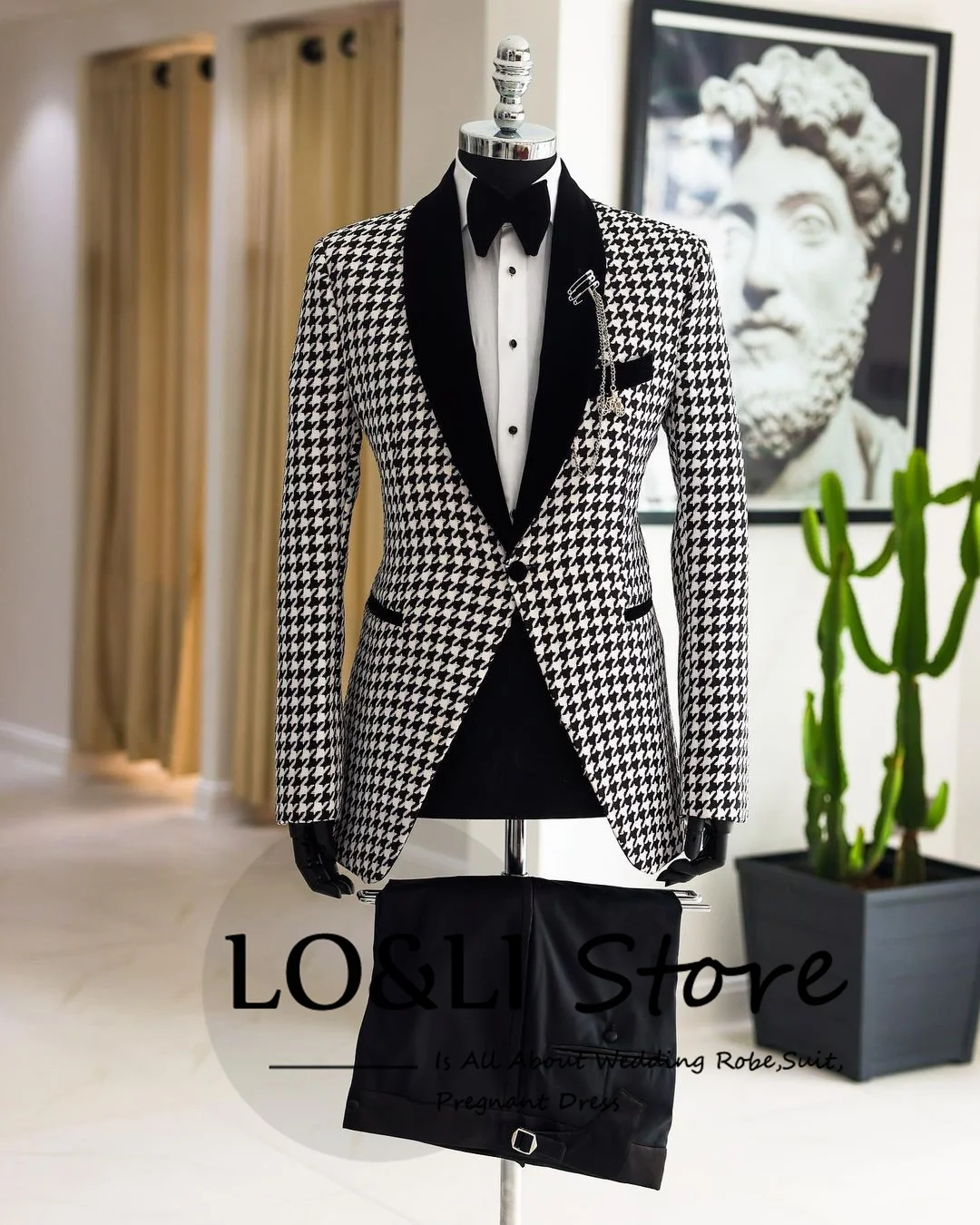 

Spring and Autumn Houndstooth Suit For Men SHawl Lapel 2 Piece Set Blazer Set Formal Occasion Costume Homme Groom Pants Set