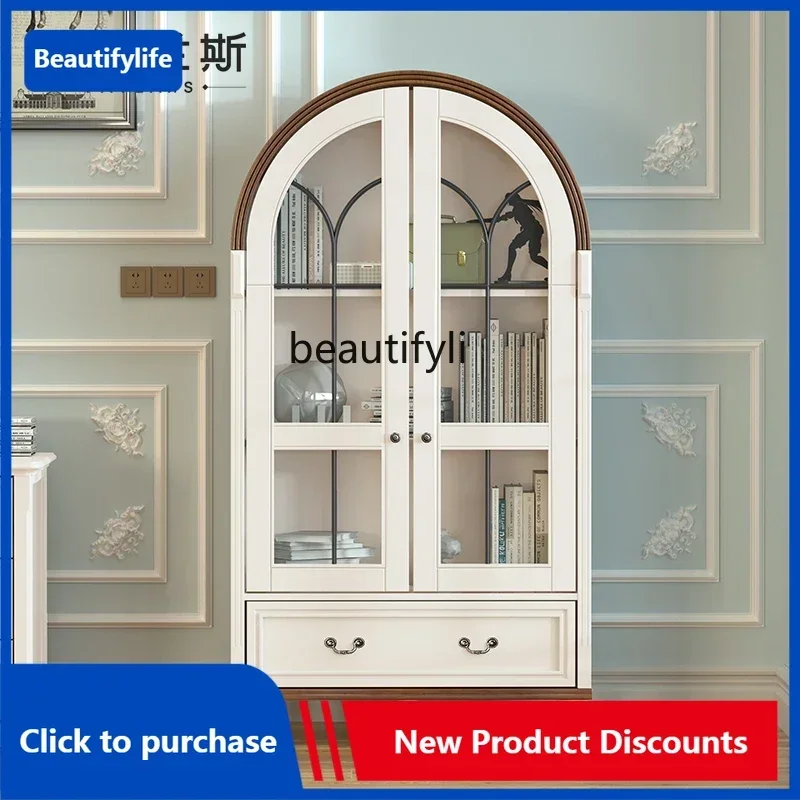 

American retro study floor-to-ceiling wine cabinet, glass door arched display, bookcase low bookcase