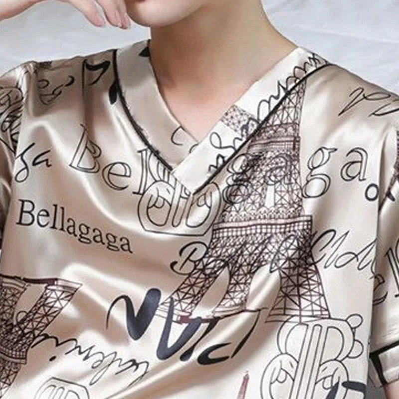 Pajamas Men Silk Thin Short-Sleeved Two-Piece Suit Korean Version of the Loose Large Size Men Homewear with Letters Sleepwear