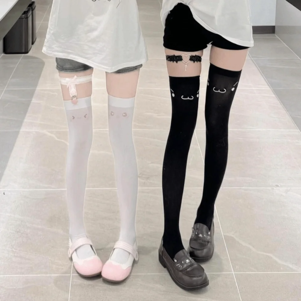 Comfortable Printed Design Kawaii Stockings Cat Ear Cute Expression Thigh High Stockings JK Lolita Women Long Socks Student