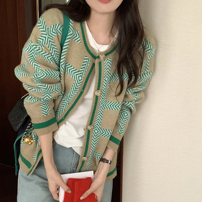 

Vintage Contrast Check Cardigan Women'S Fashion Single Breasted Knit Sweater Woman Autumn Casual O Neck Long Sleeve Ladies Top