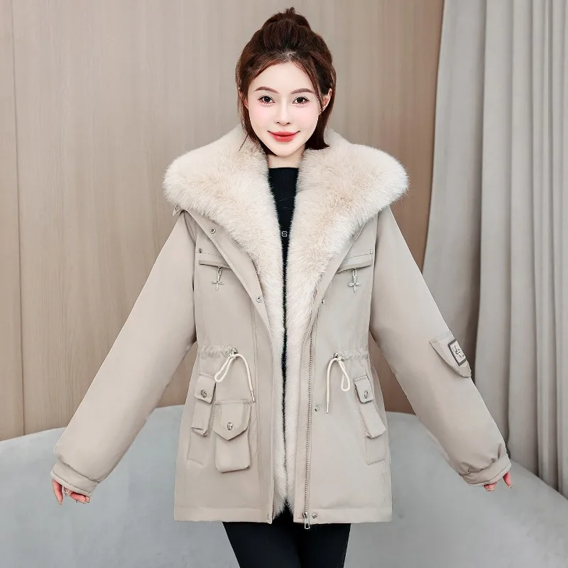 2026 New Women Winter Jacket Slim Mid Long Coat Casual Parkas Big Fur Collar Fleece Liner Outwear Female Snow Warm Cotton Coats