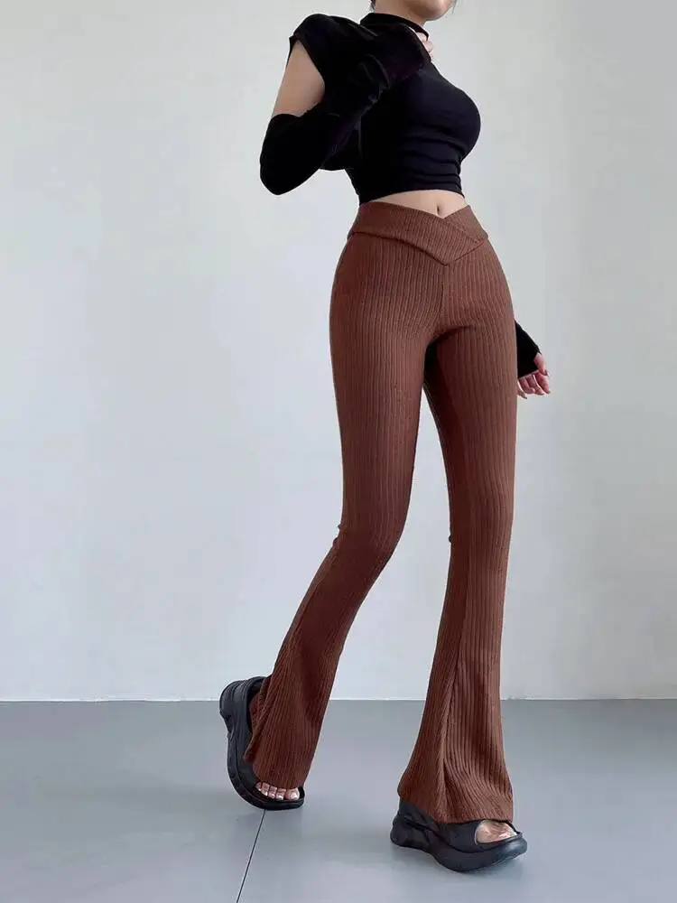WOMENGAGA Spice Girl Cross Waist Knitted Pants Women Tight Elastic Slightly Flare Pants Casual Pants Trousers Cotton Stripe M51L