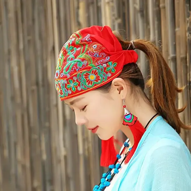 Women Mexican Style Ethnic Vintage Embroidery Flowers Travel Bandanas Red Print Hat Winter Leisure Boho Hats for Women 5 Colors