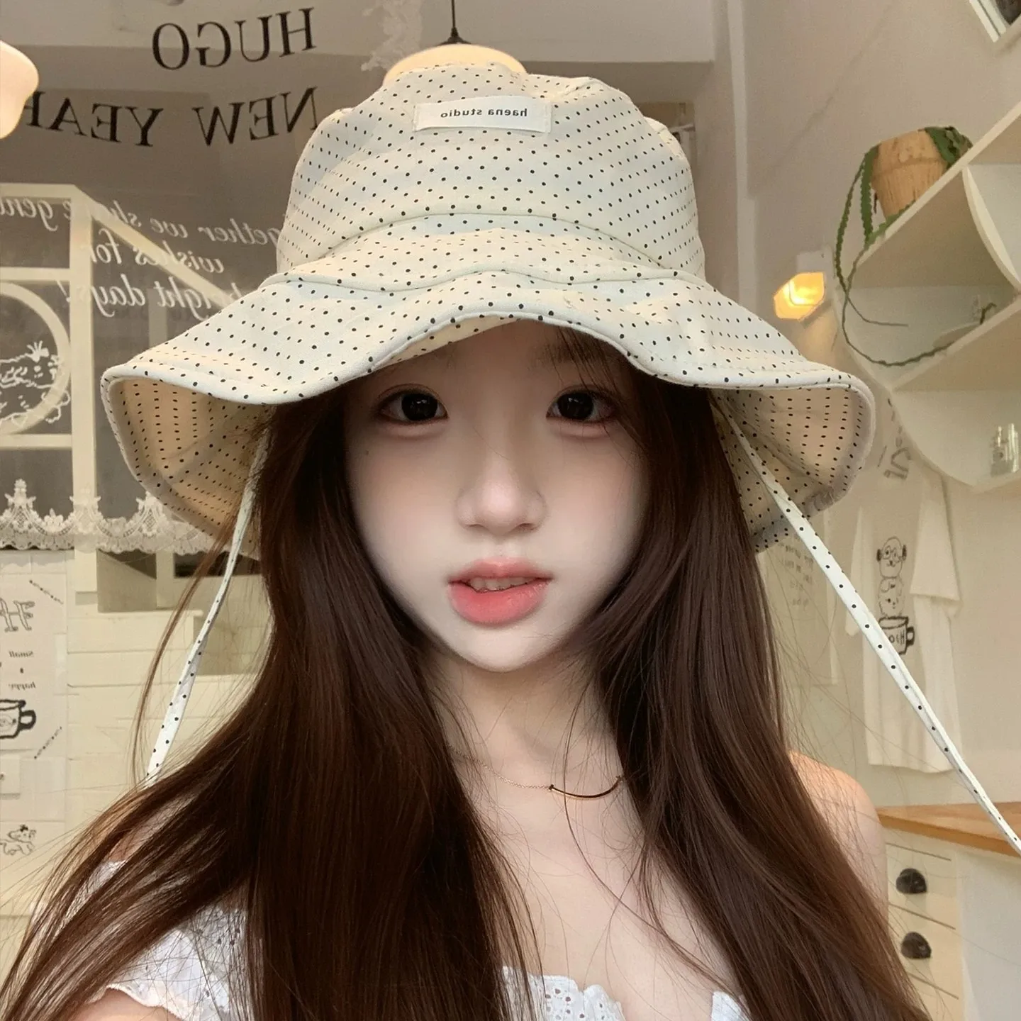 Korean-style Polka-dot Fisherman Hat for Women Wide-brimmed Bucket Hat That Visually Minimizes Face Size Suitable Sun-protective