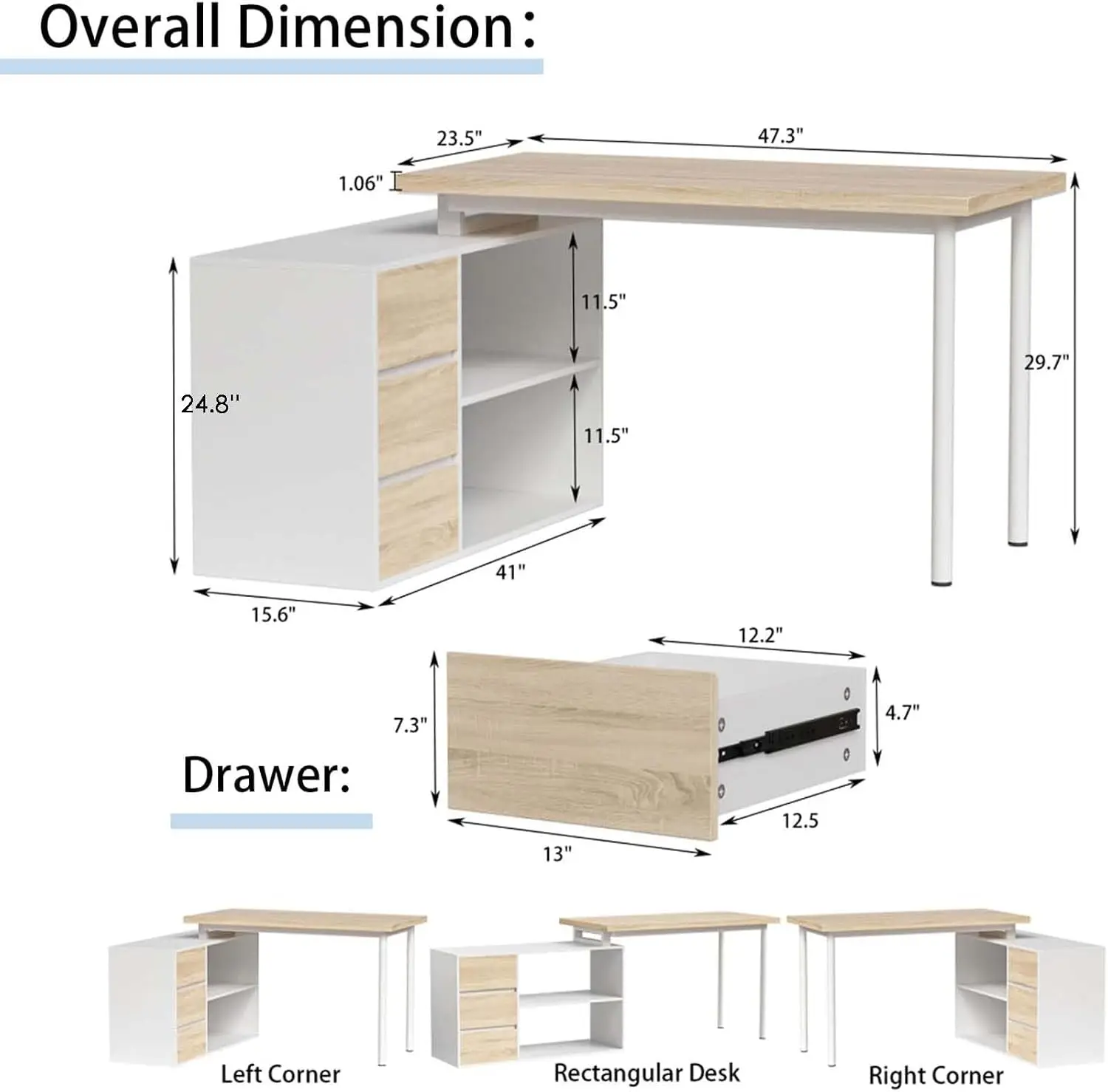 L Shaped Computer Desk with File Drawers & Storage Shelves, 47 Inch Corner Office Desk for Small Space, Customized
