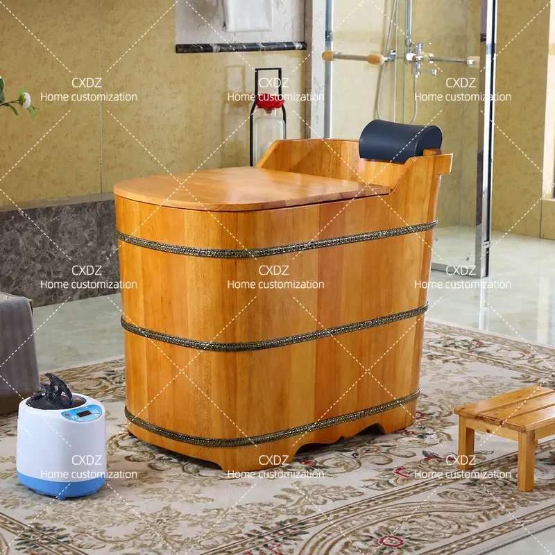 Shanqi Small Apartment Heightened Wooden Bath Bucket Full Body Soak Tub for Adults Solid Wood Barrel with Cover