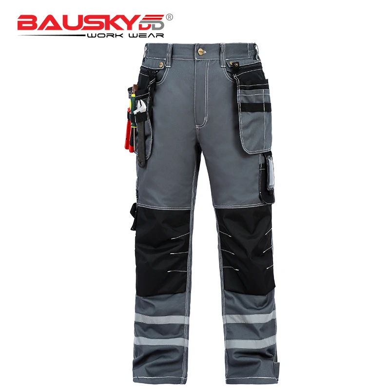 Bauskydd Mens carperner 100% cotton grey reflective work trousers with eva  knee pads work pants men