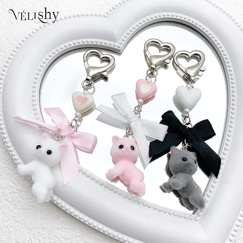 Y2K Flocking Cat Bow Heart Keyring Cute Cartoon Keyring Car Key Ring Bag Pendant Earphone Hanging Decor Key Holder