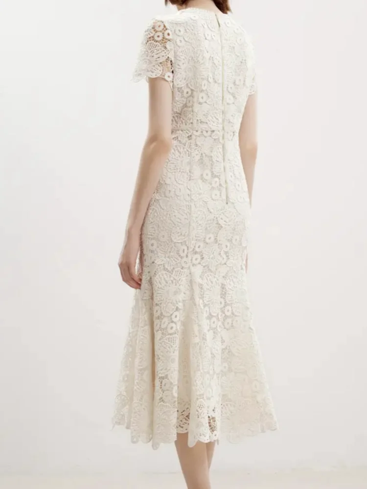 Vestidos elegantes de encaje con agujeros para mujer, Vestidos de sirena de trompeta lisos, cuello redondo, manga corta, flor de ganchillo, Vestidos de fiesta de noche para boda