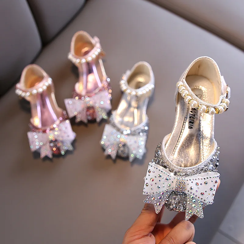 

Kids Shoes Summer for Girl Sandals Fashion Sequins Rhinestone Bow Girls Princess Shoe Soft Bottom