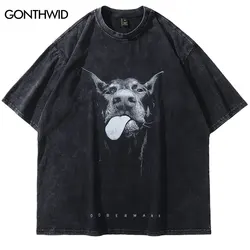 Vintage Oversize T-Shirt Y2K Hip Hop Dobermann Dog Animal Graphic Print Washed Streetwear Tshirt 2024 Harajuku Fashion Loose Top