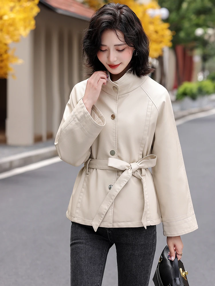 Manteau en cuir pour femme, coupe ajustée, en peau de mouton véritable de Haining, avec ceinture, style décontracté, vêtement d'extérieur tendance, collection Automne Hiver