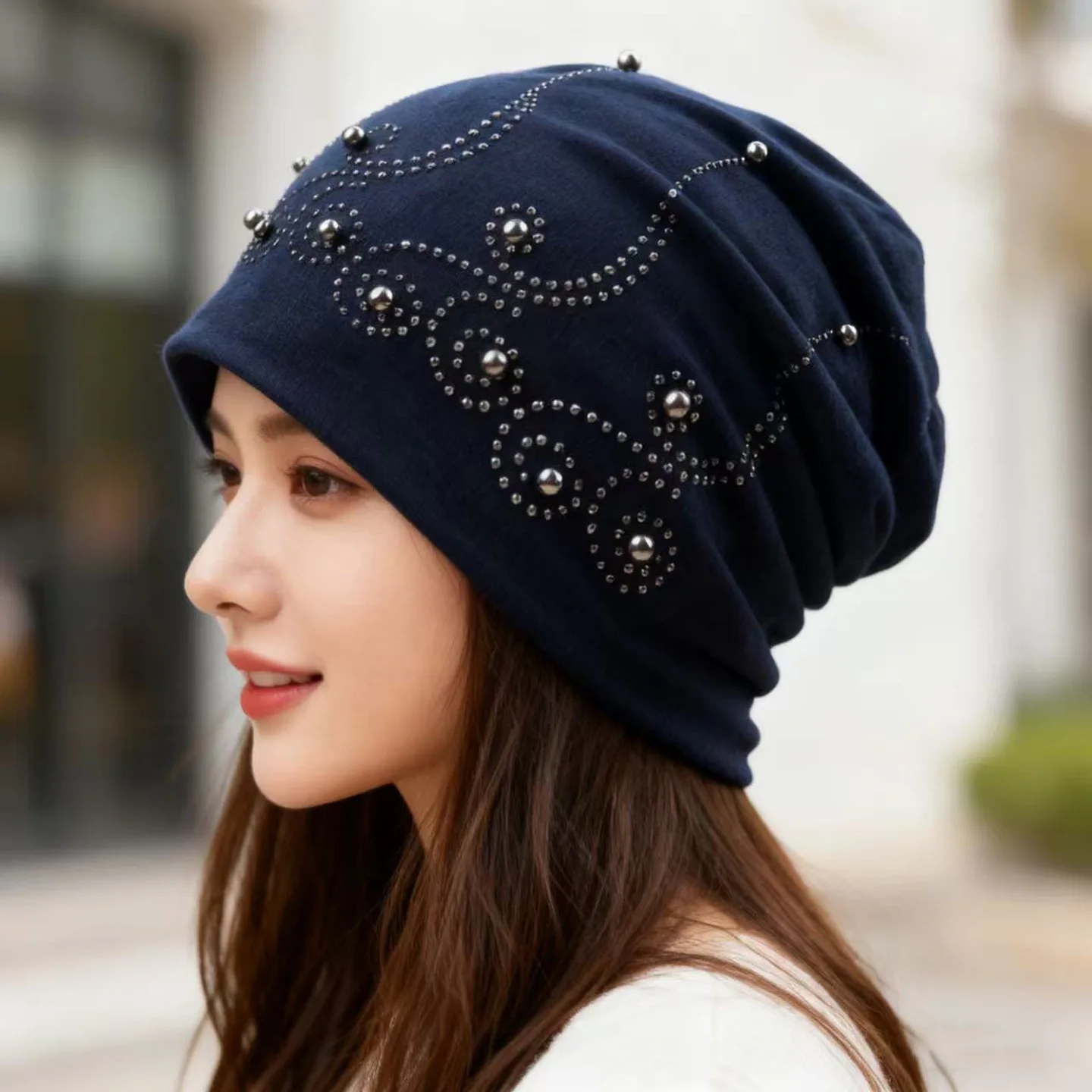 

Double Pullover Hat Women's Fashion Hot Diamond Beanie Pearl Hat Thin Hat Spring and Autumn