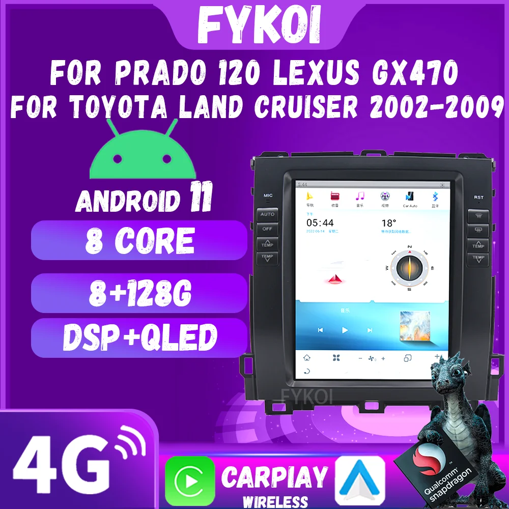 

Автомагнитола для Prado 120, Lexus GX470, для Toyota Land Cruiser 2002-2009, Android, Автомобильная Мультимедийная система CarPlay, стиль Тесла, GPS