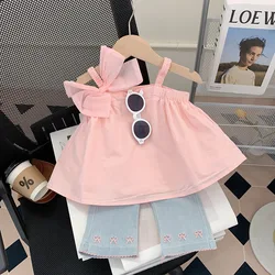 2024 Summer Fashion Kids Girls Pink Bowknot Sleeveless Tops + Embroidered Jeans Denim Pants 2pcs Clothing Sets