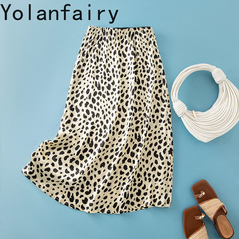 YOLANFAIRY Beautiful Leopard Skirt Women's Clothes 100% Real Mulberry Silk Skirt for Woman Vintage Satin Skirts High Waist Skirt
