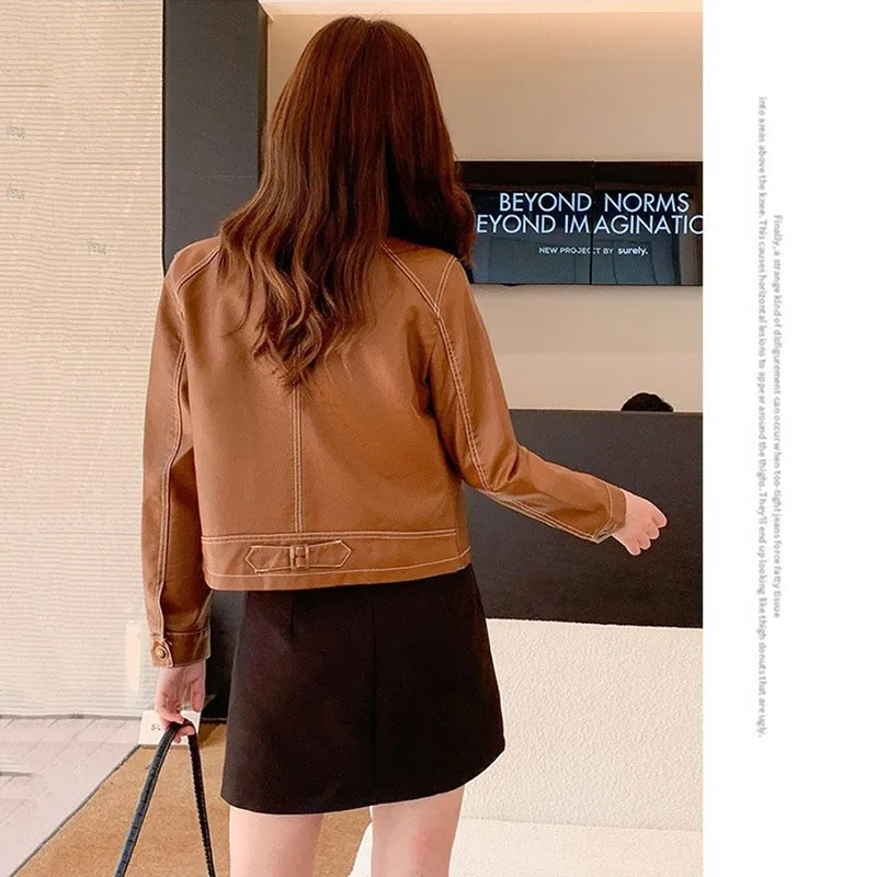 캐주얼 봄 가을 가죽 자켓 싱글 브레스트 PU 짧은 오토바이 자켓 여성 레트로 패션 다목적 코트 겉옷