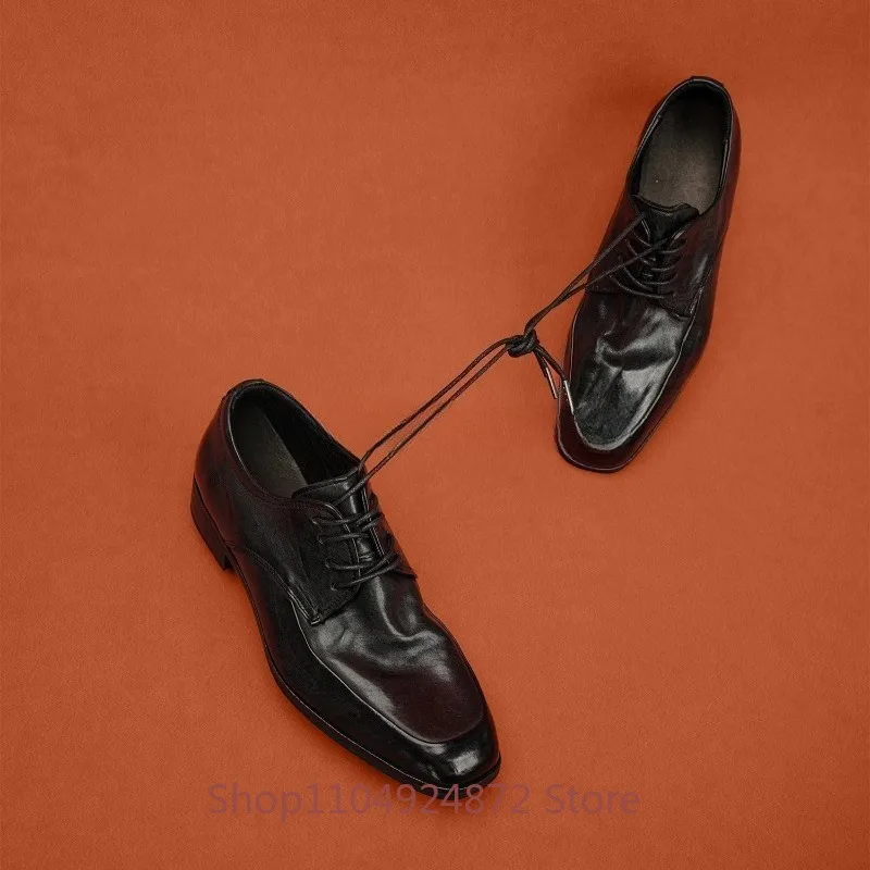 Designer Luxury Genuine Leather Lace-up Casual Business Formal Shoes Men's Square Toe Black Handmade Cowhide Leather Shoes