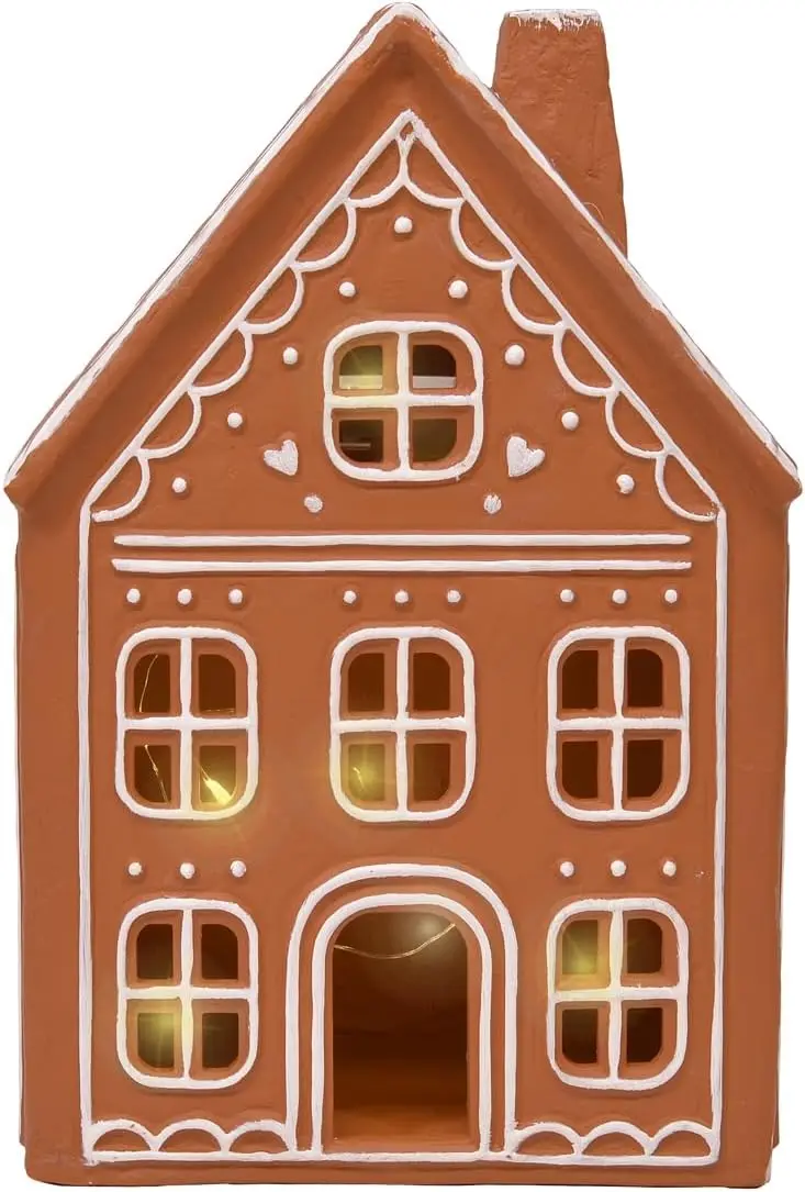 Figurine del villaggio della casa di pan di zenzero in ceramica a LED pre-illuminate, set di 2, decorazioni natalizie da 9 pollici