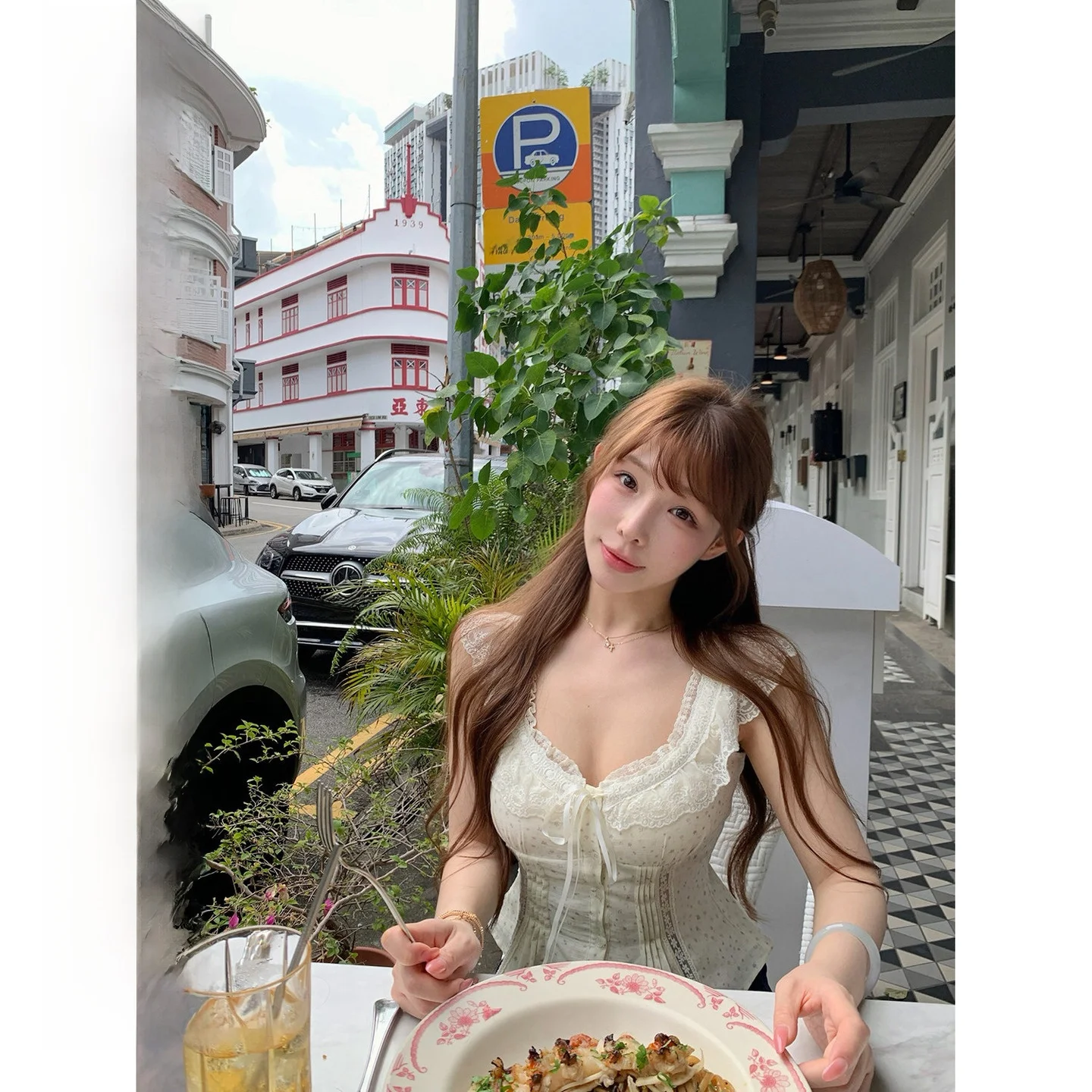 

Lukira Cysanthemum Light Scented Lace Trim Flower Print Svel irt Women's Slim Fit Spring Cotton Blend Casual Top